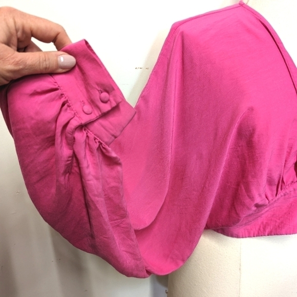 Blush Boutique Hot Pink Crop Top with Deep V and Bishop Sleeve L - Picture 5 of 10